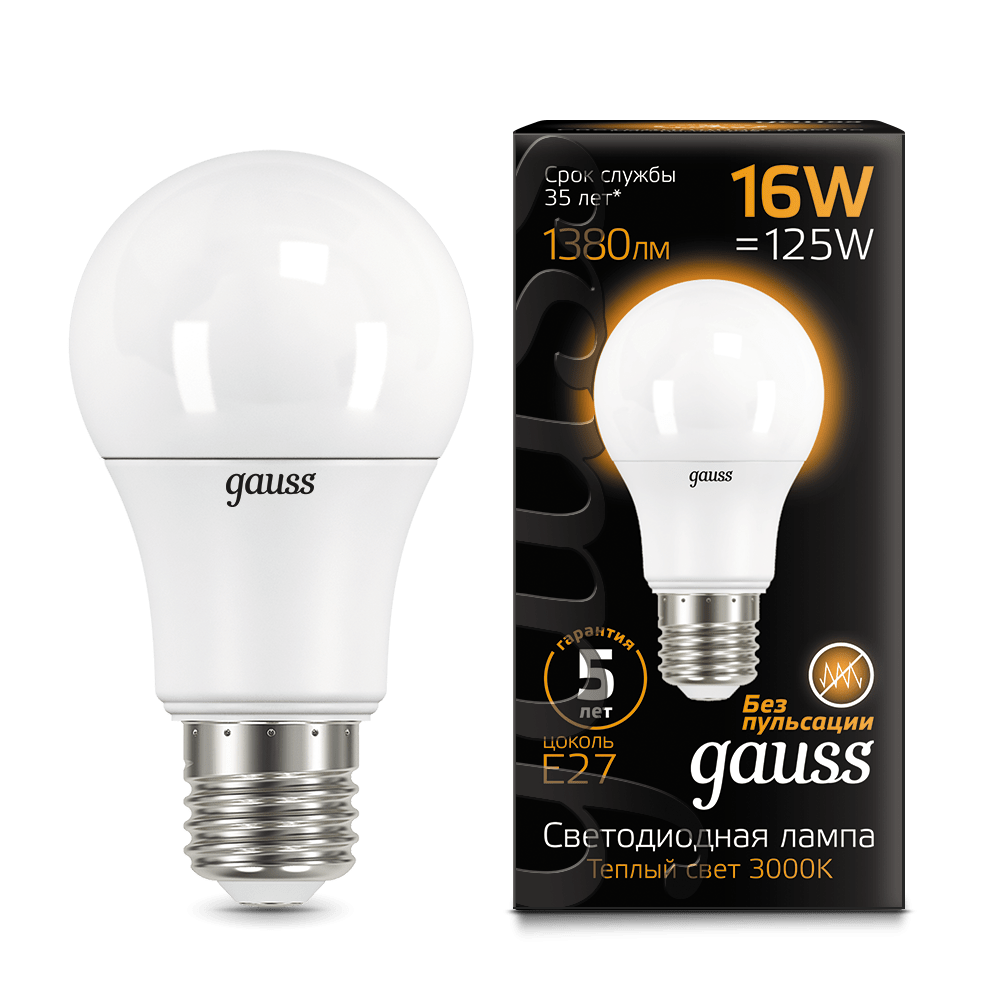 Лампа Gauss LED A60 16W E27 1380lm 3000K 